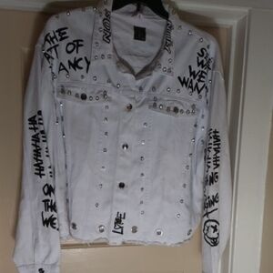 Edgy White Graphic Jacket with Studs